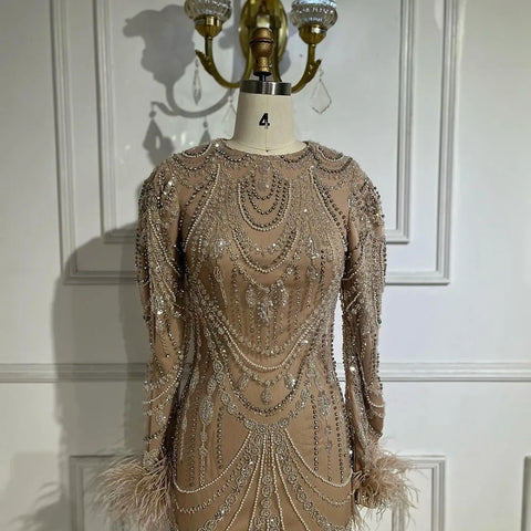 Bling Caramel Mermaid Arabic Evening Dress Feather Pearls Prom Formal Dresses for Women Wedding Party Gowns LA72482