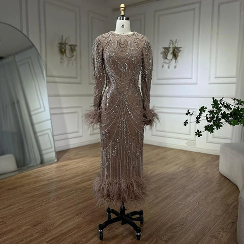 Bling Caramel Mermaid Arabic Evening Dress Feather Pearls Prom Formal Dresses for Women Wedding Party Gowns LA72482