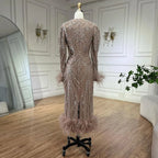 Bling Caramel Mermaid Arabic Evening Dress Feather Pearls Prom Formal Dresses for Women Wedding Party Gowns LA72482
