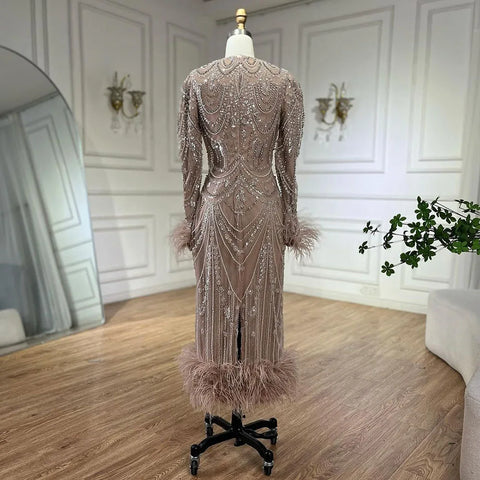 Bling Caramel Mermaid Arabic Evening Dress Feather Pearls Prom Formal Dresses for Women Wedding Party Gowns LA72482