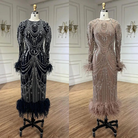 Bling Caramel Mermaid Arabic Evening Dress Feather Pearls Prom Formal Dresses for Women Wedding Party Gowns LA72482