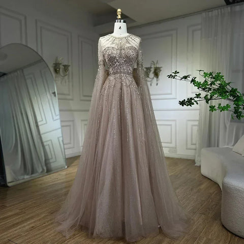 Blue A-Line Arabic Cape Sleeves O-Neck Bow Beaded Luxury Evening Dresses Gowns 2025 For Women Party LA71831