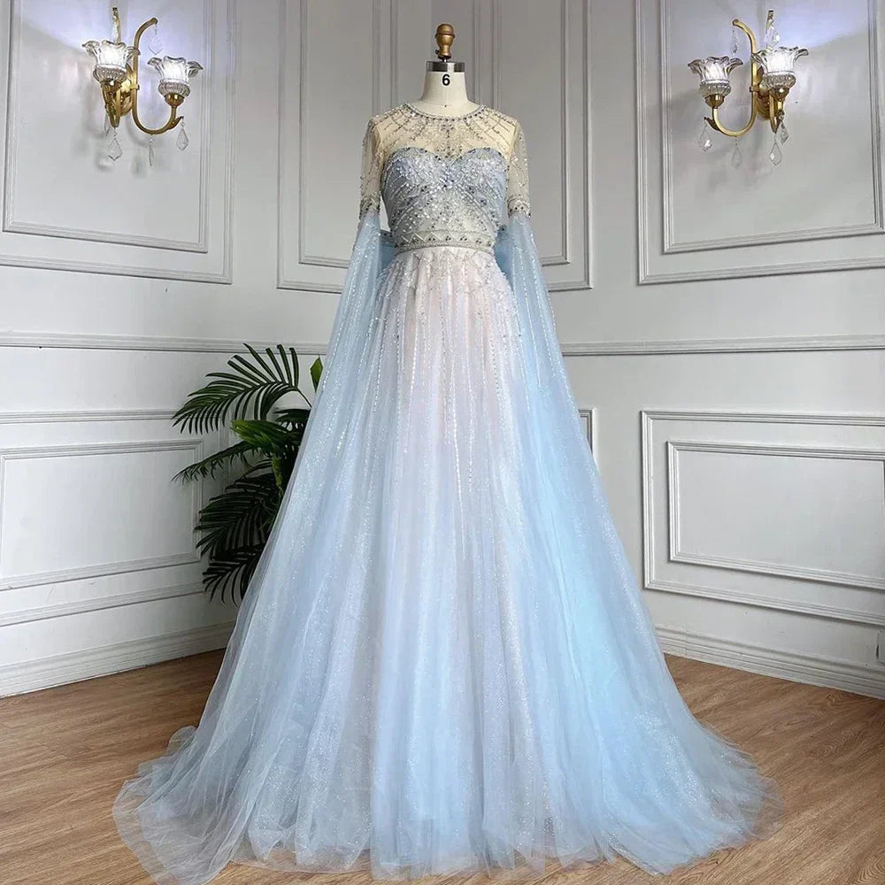 Blue A-Line Arabic Cape Sleeves O-Neck Bow Beaded Luxury Evening Dresses Gowns 2025 For Women Party LA71831