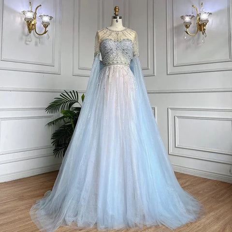 Blue A-Line Arabic Cape Sleeves O-Neck Bow Beaded Luxury Evening Dresses Gowns 2025 For Women Party LA71831