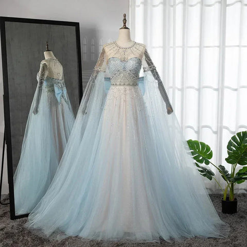 Blue A-Line Arabic Cape Sleeves O-Neck Bow Beaded Luxury Evening Dresses Gowns 2025 For Women Party LA71831