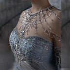 Blue A-Line Arabic Cape Sleeves O-Neck Bow Beaded Luxury Evening Dresses Gowns 2025 For Women Party LA71831