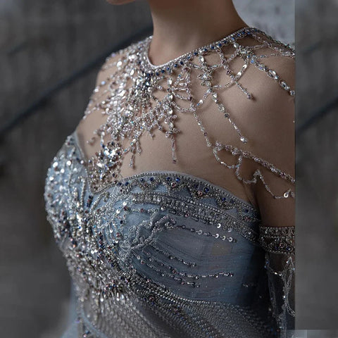 Blue A-Line Arabic Cape Sleeves O-Neck Bow Beaded Luxury Evening Dresses Gowns 2025 For Women Party LA71831