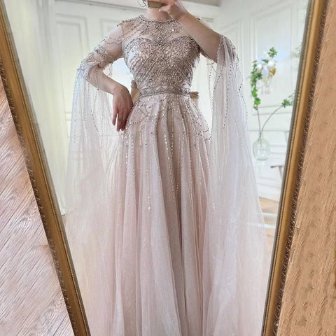 Blue A-Line Arabic Cape Sleeves O-Neck Bow Beaded Luxury Evening Dresses Gowns 2025 For Women Party LA71831