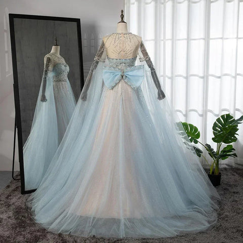 Blue A-Line Arabic Cape Sleeves O-Neck Bow Beaded Luxury Evening Dresses Gowns 2025 For Women Party LA71831