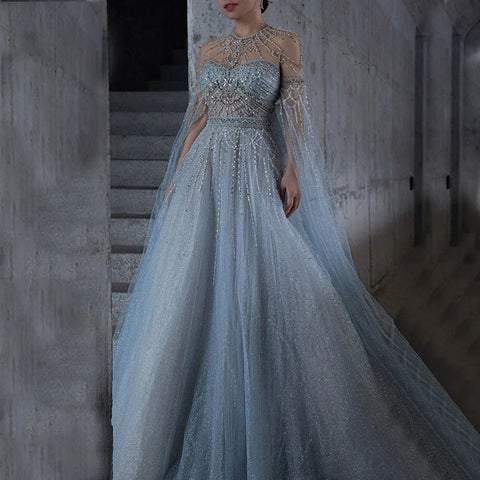 Blue A-Line Arabic Cape Sleeves O-Neck Bow Beaded Luxury Evening Dresses Gowns 2025 For Women Party LA71831