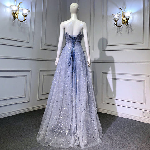 Blue A-Line Beaded Bling Evening Dresses Gowns 2025  Sexy  High-Eend Lace Up For Women Party LA71636