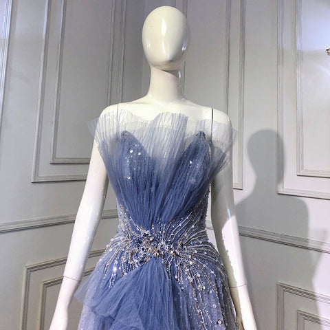 Blue A-Line Beaded Bling Evening Dresses Gowns 2025  Sexy  High-Eend Lace Up For Women Party LA71636