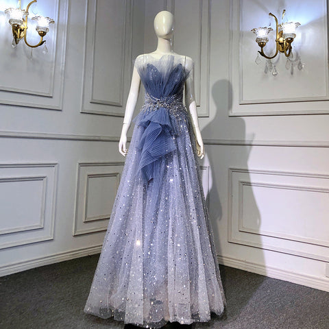 Blue A-Line Beaded Bling Evening Dresses Gowns 2025  Sexy  High-Eend Lace Up For Women Party LA71636