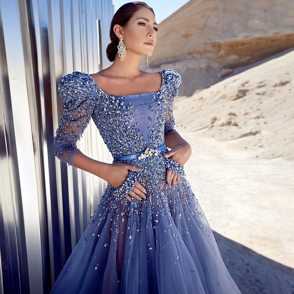 Blue A-Line Luxury Evening Dresses Gowns 2025 Beaded Ankle Length For Women Party LA71631