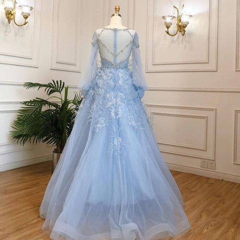 Blue A-Line Luxury Evening Dresses Gowns Long 2025 Beaded Feather For Women Party LA71495