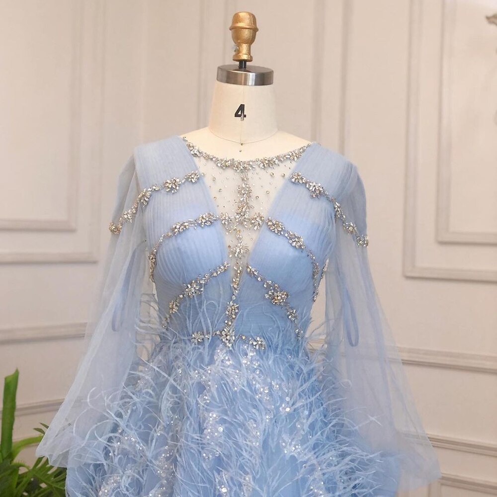 Blue A-Line Luxury Evening Dresses Gowns Long 2025 Beaded Feather For Women Party LA71495