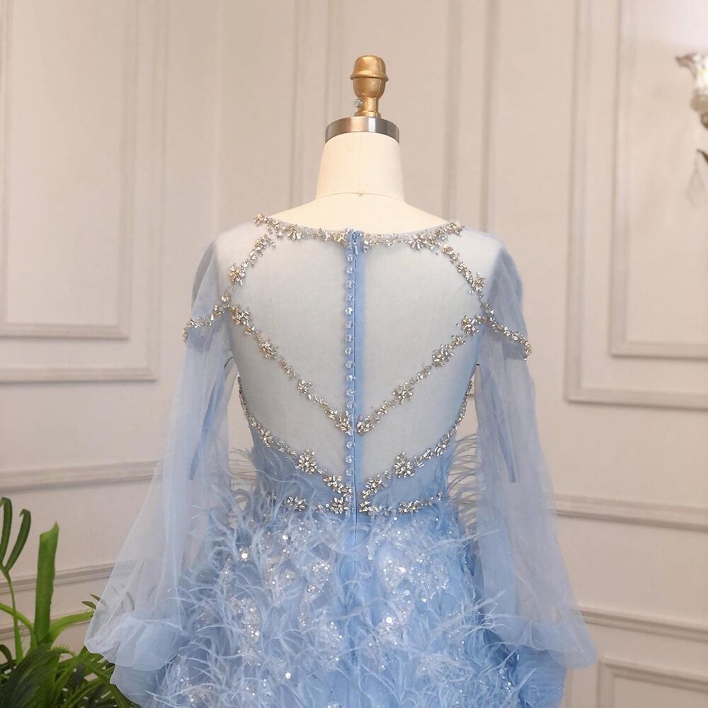 Blue A-Line Luxury Evening Dresses Gowns Long 2025 Beaded Feather For Women Party LA71495