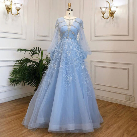 Blue A-Line Luxury Evening Dresses Gowns Long 2025 Beaded Feather For Women Party LA71495