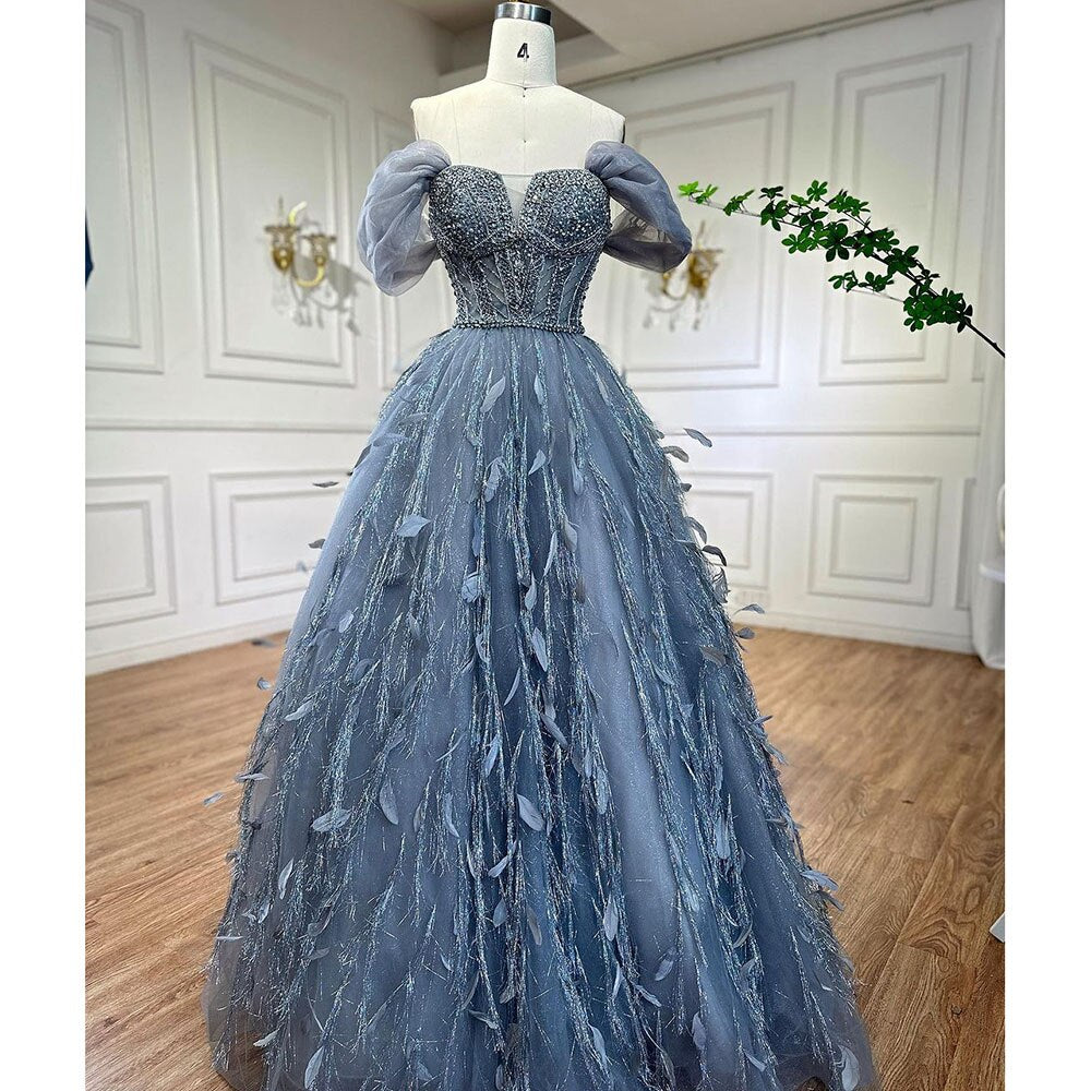 Blue A Line  Sexy Off Shoulder Beaded Feathers Luxury  Evening Dresses Gowns For Women Wedding Party 2025 LA72120