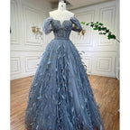 Blue A Line  Sexy Off Shoulder Beaded Feathers Luxury  Evening Dresses Gowns For Women Wedding Party 2025 LA72120