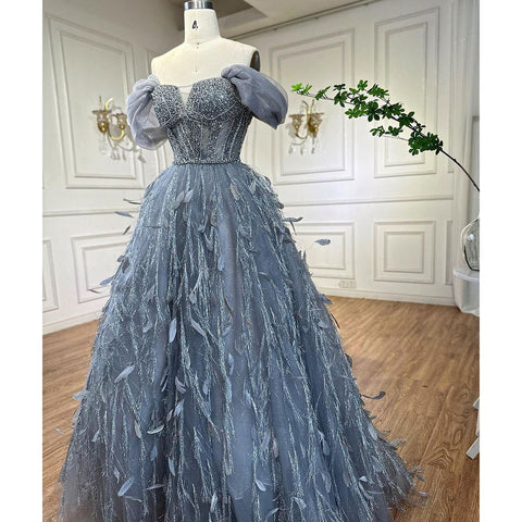 Blue A Line  Sexy Off Shoulder Beaded Feathers Luxury  Evening Dresses Gowns For Women Wedding Party 2025 LA72120
