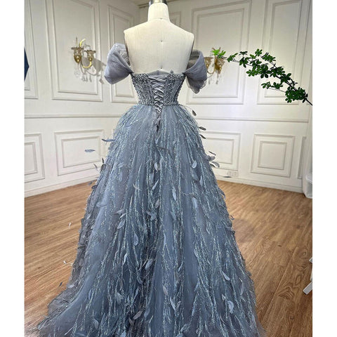 Blue A Line  Sexy Off Shoulder Beaded Feathers Luxury  Evening Dresses Gowns For Women Wedding Party 2025 LA72120
