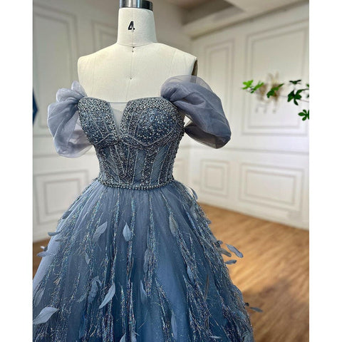Blue A Line  Sexy Off Shoulder Beaded Feathers Luxury  Evening Dresses Gowns For Women Wedding Party 2025 LA72120