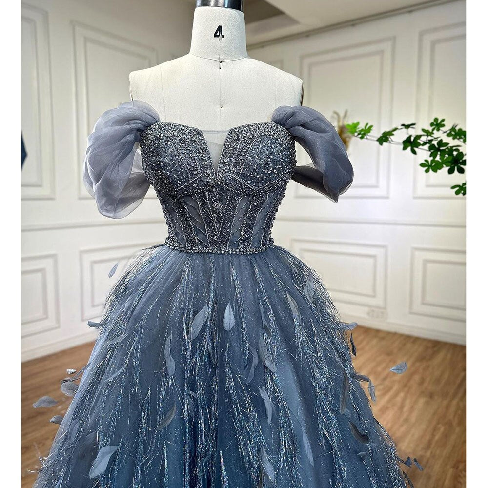 Blue A Line  Sexy Off Shoulder Beaded Feathers Luxury  Evening Dresses Gowns For Women Wedding Party 2025 LA72120