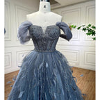 Blue A Line  Sexy Off Shoulder Beaded Feathers Luxury  Evening Dresses Gowns For Women Wedding Party 2025 LA72120