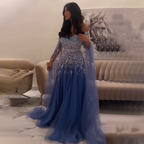 Blue A-Line Sexy Off Shoulder Cape Sleeves Beaded Luxury Evening Dresses Gowns For Women Arabic Party 2025 LA71836
