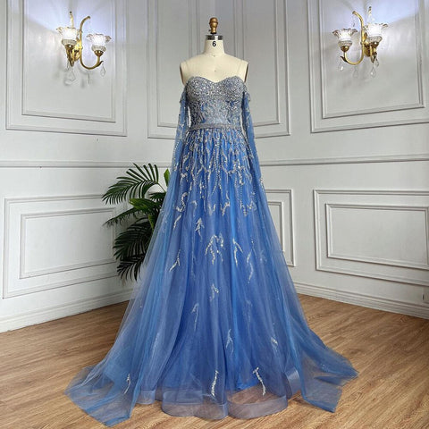 Blue A-Line Sexy Off Shoulder Cape Sleeves Beaded Luxury Evening Dresses Gowns For Women Arabic Party 2025 LA71836
