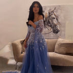 Blue A-Line Sexy Off Shoulder Cape Sleeves Beaded Luxury Evening Dresses Gowns For Women Arabic Party 2025 LA71836