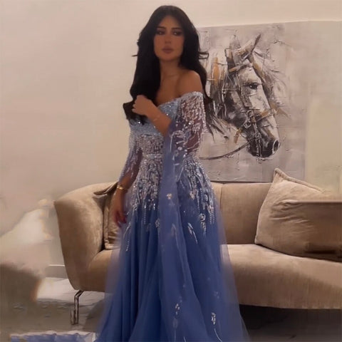 Blue A-Line Sexy Off Shoulder Cape Sleeves Beaded Luxury Evening Dresses Gowns For Women Arabic Party 2025 LA71836