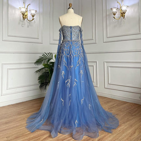 Blue A-Line Sexy Off Shoulder Cape Sleeves Beaded Luxury Evening Dresses Gowns For Women Arabic Party 2025 LA71836
