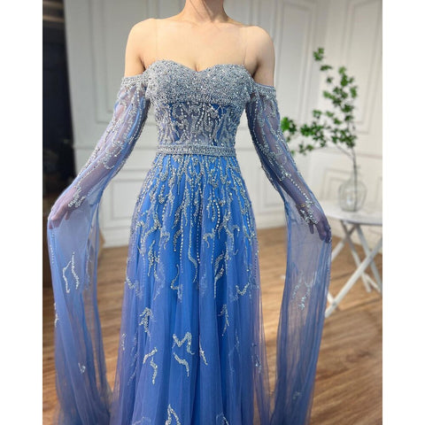 Blue A-Line Sexy Off Shoulder Cape Sleeves Beaded Luxury Evening Dresses Gowns For Women Arabic Party 2025 LA71836