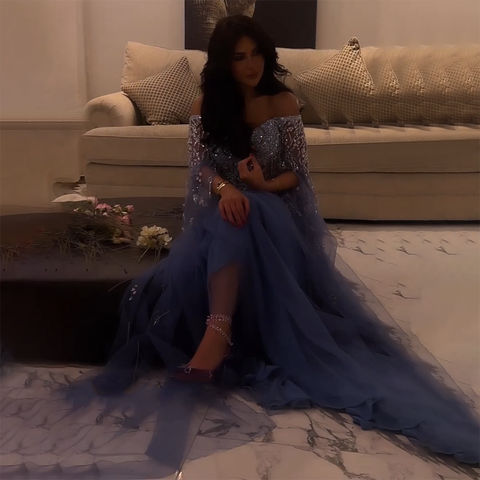 Blue A-Line Sexy Off Shoulder Cape Sleeves Beaded Luxury Evening Dresses Gowns For Women Arabic Party 2025 LA71836