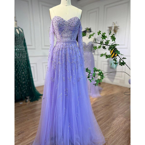 Blue A-Line Sexy Off Shoulder Cape Sleeves Beaded Luxury Evening Dresses Gowns For Women Arabic Party 2025 LA71836