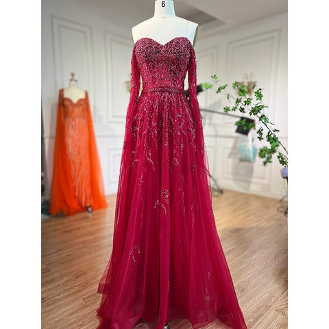 Blue A-Line Sexy Off Shoulder Cape Sleeves Beaded Luxury Evening Dresses Gowns For Women Arabic Party 2025 LA71836