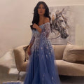 Blue A-Line Sexy Off Shoulder Cape Sleeves Beaded Luxury Evening Dresses Gowns For Women Arabic Party 2025 LA71836