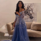 Blue A-Line Sexy Off Shoulder Cape Sleeves Beaded Luxury Evening Dresses Gowns For Women Arabic Party 2025 LA71836