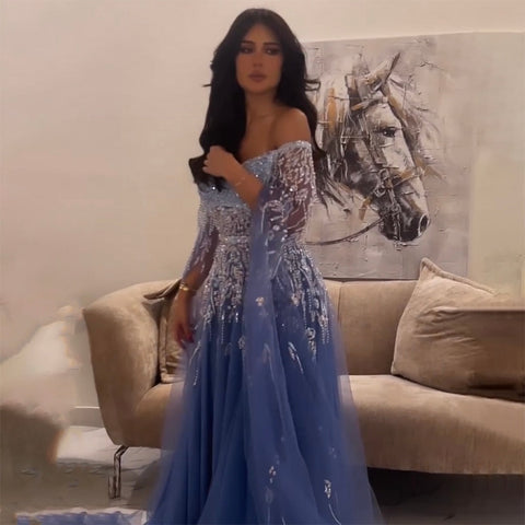 Blue A-Line Sexy Off Shoulder Cape Sleeves Beaded Luxury Evening Dresses Gowns For Women Arabic Party 2025 LA71836