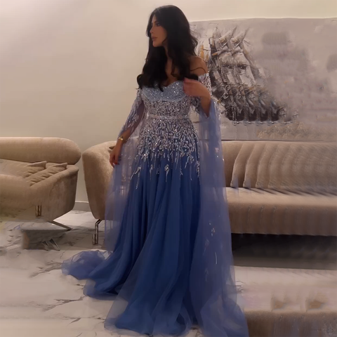 Blue A-Line Sexy Off Shoulder Cape Sleeves Beaded Luxury Evening Dresses Gowns For Women Arabic Party 2025 LA71836