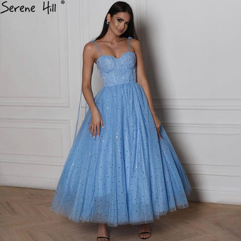 Blue A-Line Simple Evening Dresses Tulle Sleeveless Ankle Length Formal Dress 2025 LA70684
