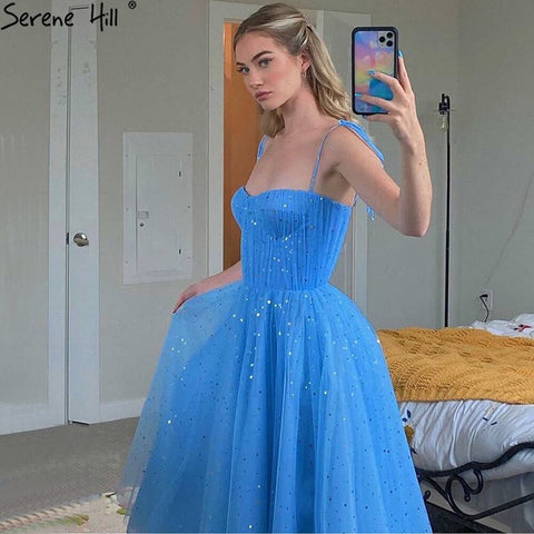 Blue A-Line Simple Evening Dresses Tulle Sleeveless Ankle Length Formal Dress 2025 LA70684