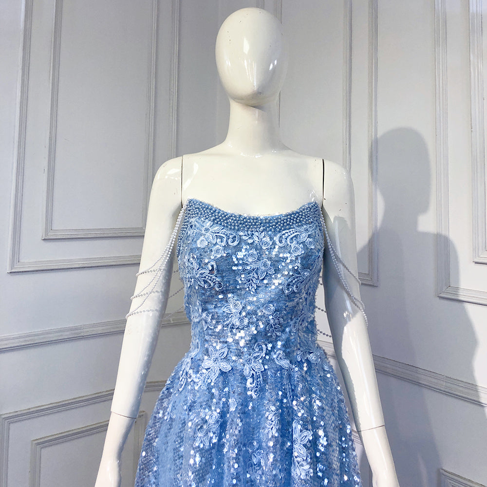 Blue A-line Luxury Evening Dresses Gowns 2025 Beaded Sparkle Sexy For Women Wedding Party LA71609