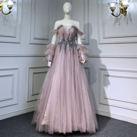 Blue A-line Sexy Evening Dresses Gowns 2025 Beaded Boat Neck For Women Wedding Party LA71483