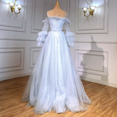 Blue A-line Sexy Evening Dresses Gowns 2025 Beaded Boat Neck For Women Wedding Party LA71483