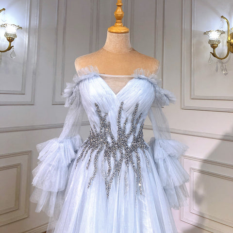 Blue A-line Sexy Evening Dresses Gowns 2025 Beaded Boat Neck For Women Wedding Party LA71483