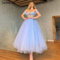 Blue Ankle Length Evening Dresses Gowns 2025 Beaded A-Line Sexy For Women Wedding Party LA71336