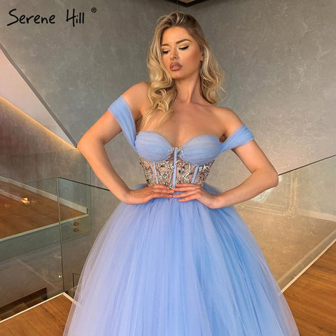 Blue Ankle Length Evening Dresses Gowns 2025 Beaded A-Line Sexy For Women Wedding Party LA71336